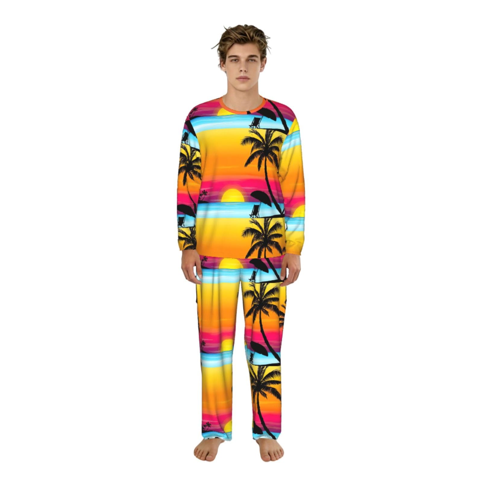 Duwaa Men's Black Sunset Palm Tree Print Comfortable Nightwear Set, Pajama Set Long Sleeve Top And Bottom Sleepwear S-3Xl