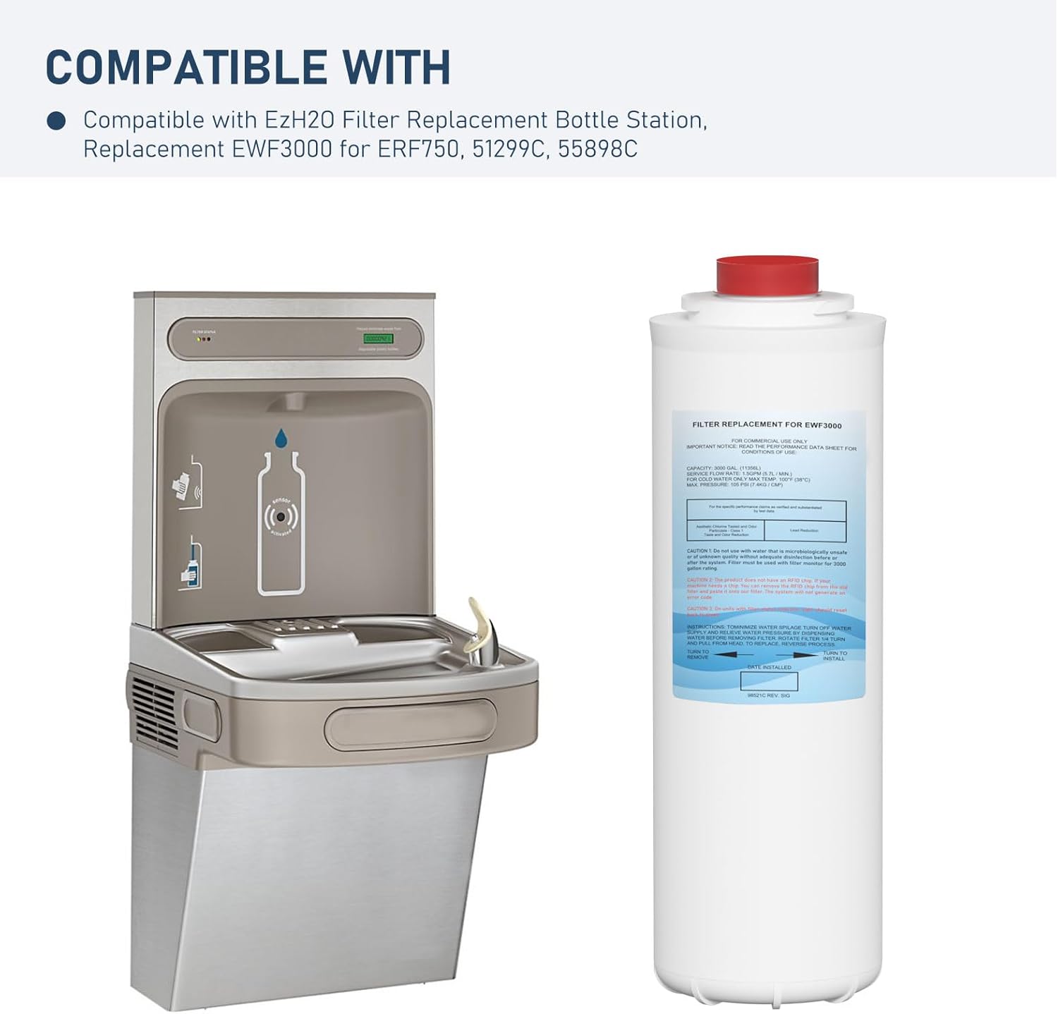51300C Water Replacement Filter (No Chip) Compatible with Elkay 51300C EWF3000, and Ezh20 Bottle Filling Station, 3000 Gallon Water Filter Replacement for ERF750, 51299C, 55898C, 3 Pack
