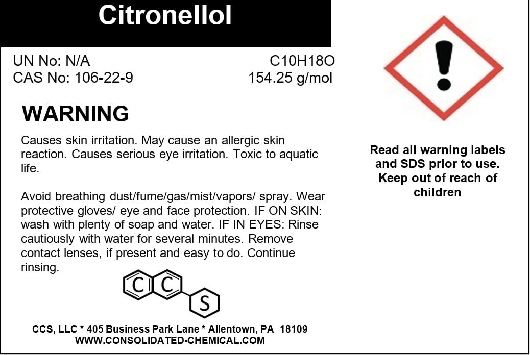 Citronellol 99% Pure - Premium-Quality Industrial and Laboratory Grade (500mL (16 Fl Oz))