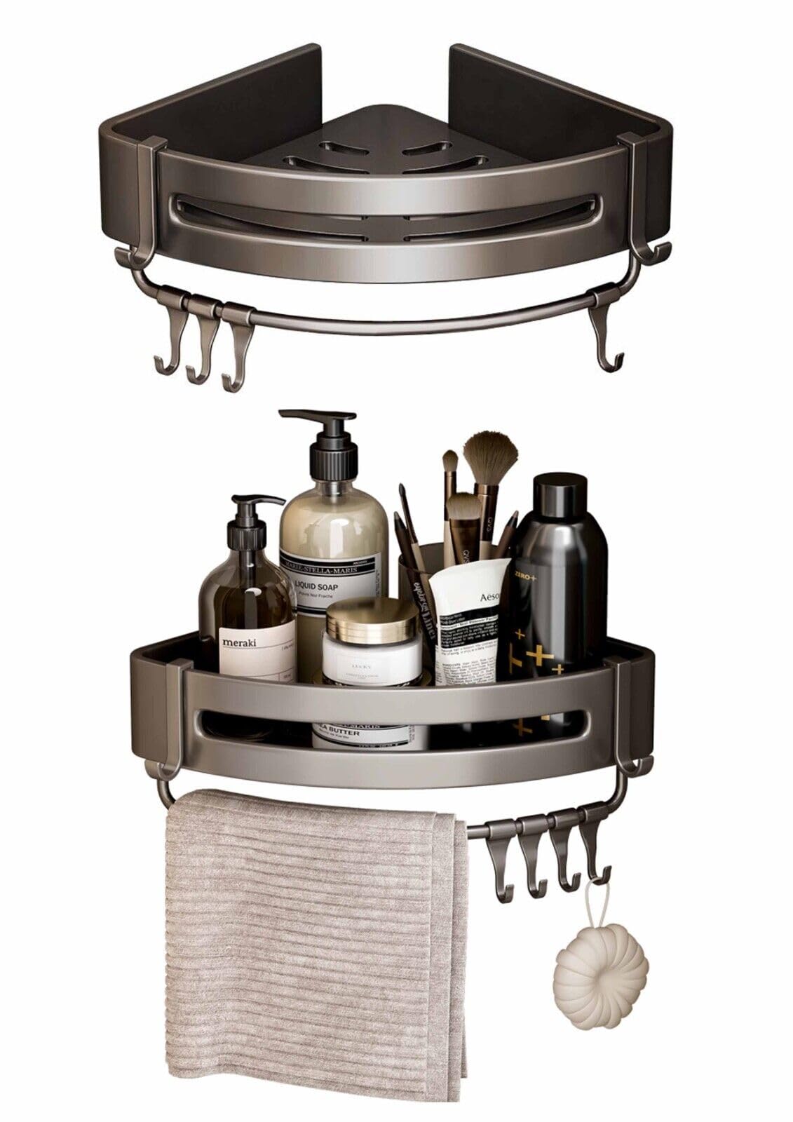 HOMION Corner Shower Caddy Basket with Rustproof Hooks Triangle Aluminum Shower Organiser Bathroom Storage Rack - Pack of 2 (Grey)