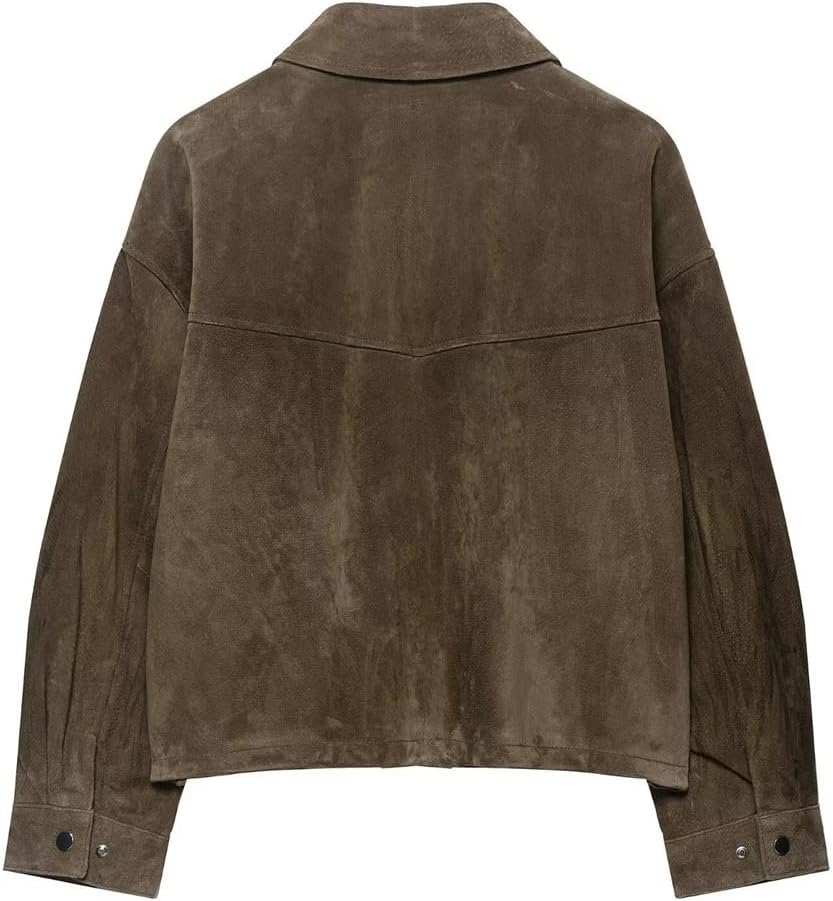 Suede Jacket Women Brown Long Sleeve Lapel Zip Up Faux Suede Jacket Women 2025