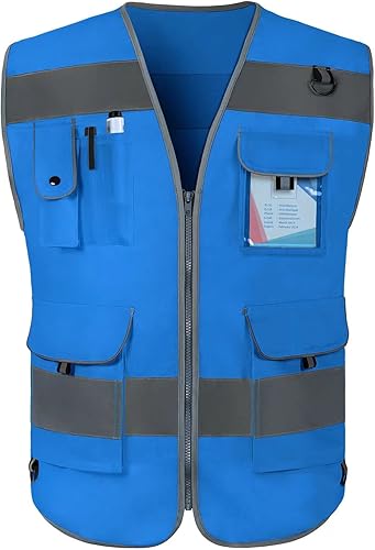 TCCFCCT - Chaleco de alta visibilidad, chaleco de seguridad reflectante para trabajo con 9 bolsillos para hombres y mujeres, chaleco con tiras