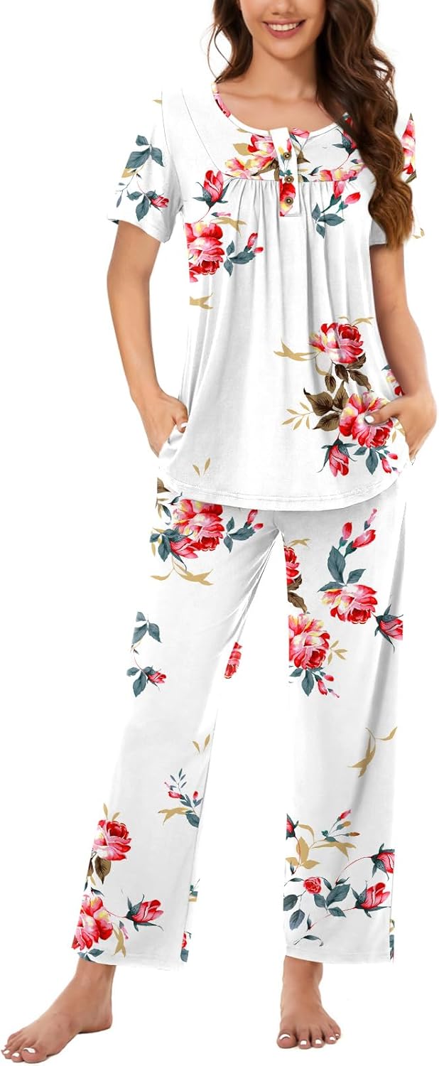Bestbee Women's Pajama Sets 2 Piece Summer Sleepwear Lounge Outfits Short Sleeve Long Pants With Pockets Ladies Pjs