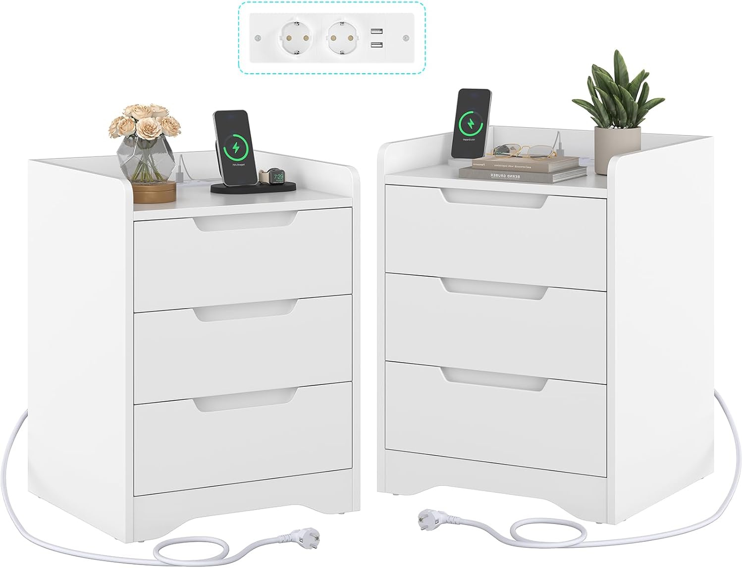 Brinlawb Nachttisch 2er Set mit Ladestation (2 AC-Steckdosen, 2 USB-Anschlüsse) Nachtschrank 2er Set mit 3 Schubladen, Beistelltisch für Wohnzimmer, Schlafzimmer, Arbeitszimmer, Einfache Montage, Weiß