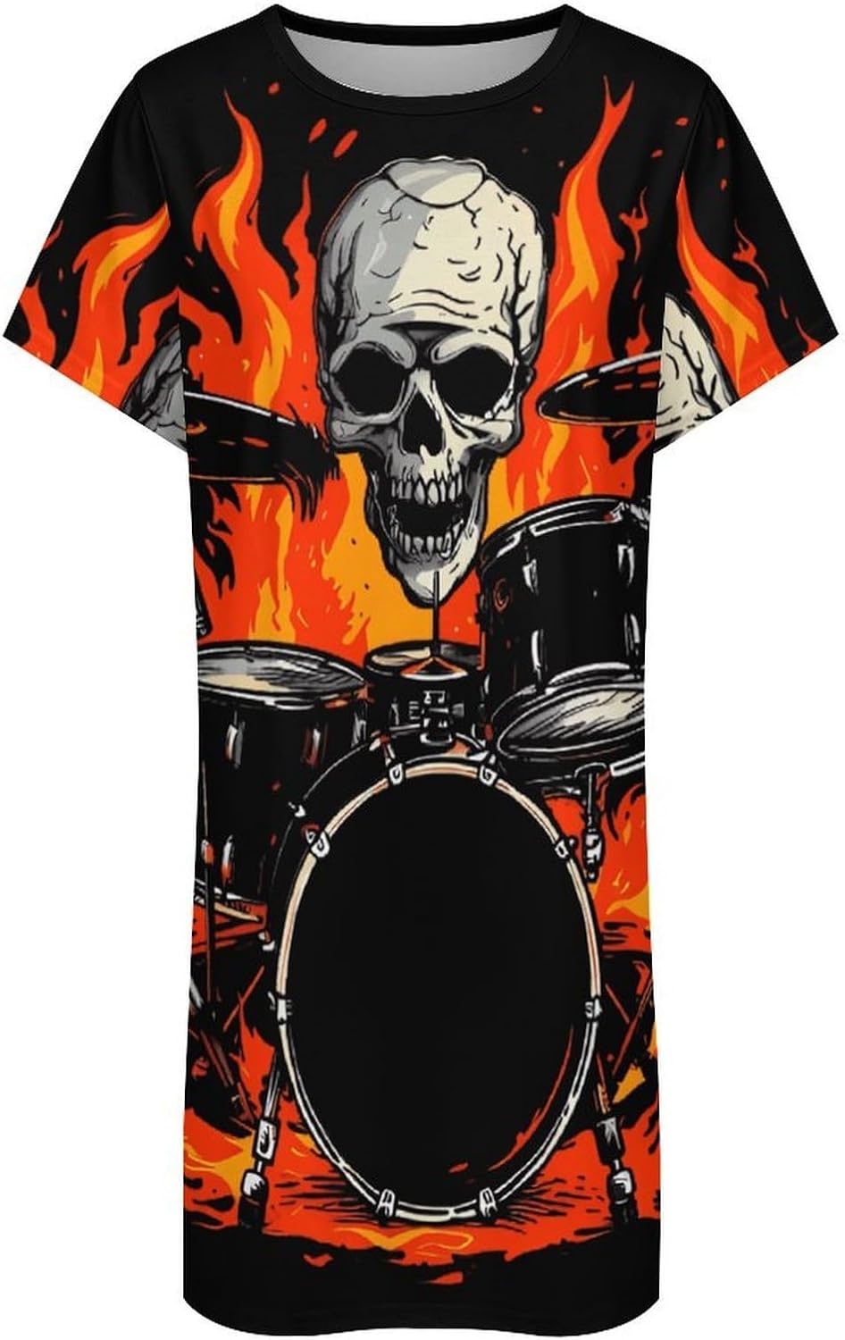 Flame Drummer Skull Women's Nightgown Short Sleeve Sleep Shirt Casual Sleepwear Night Gowns Sleepdress