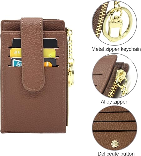 Miniatura 6 de Cartera delgada para tarjetas de crédito para mujer, carteras RFID, funda de tarjeta plegable, monedero con cremallera y llavero anillo, Marrón,