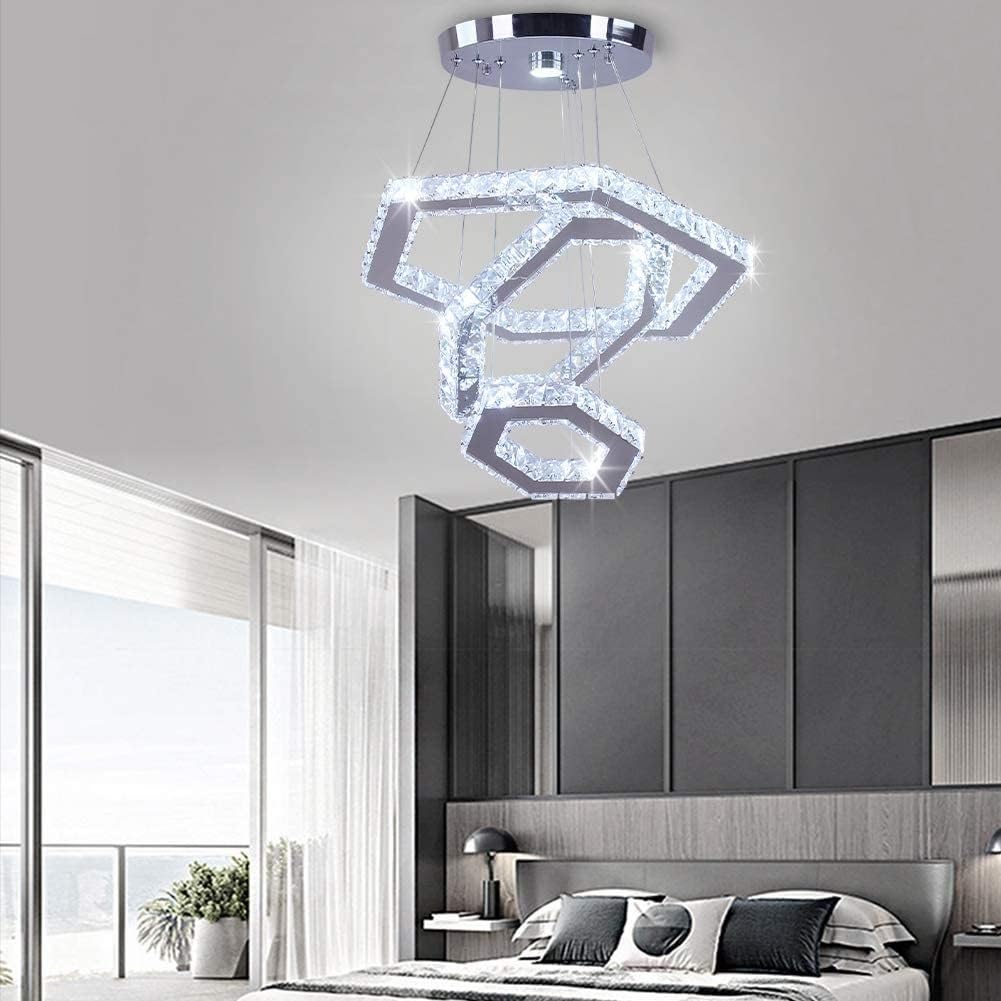 FRIXCHUR Lampada a Sospensione Cristallo 3 Anelli, Lampada LED Moderna a Sospensione, Lampada a Soffitto per Soggiorno, Camera, Sala Pranzo, Cucina, Corridoio (Luce Bianca Fredda)