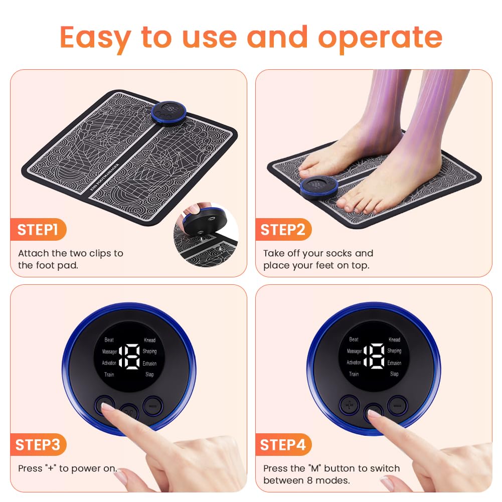 OSDUE Masajeador de Pies Eléctric, 8 Modos 19 Niveles de Intensidad, para Alivio del Dolor Plantar, Relajación Muscular, Mejorar la Circulación Sanguínea, con Mejor Acariciar Apretar Entrenar Modos B