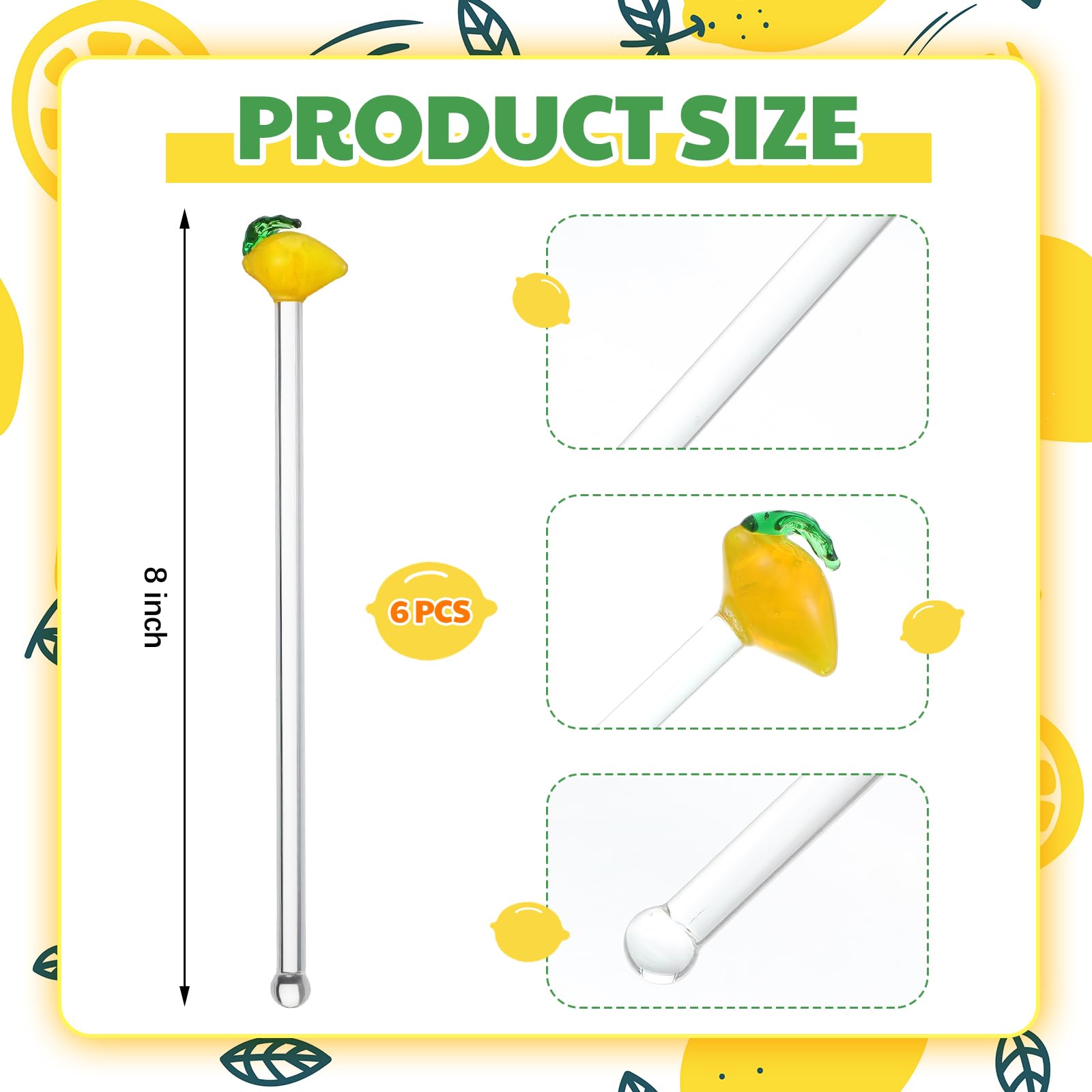 SiliFine 6 Pcs Lemon Glass Swizzle Sticks - 8'' Glass Drink Stirrers Cocktail Stirring Rod Reusable for Coffee, Tea, Juice Beverage, Cake Pops