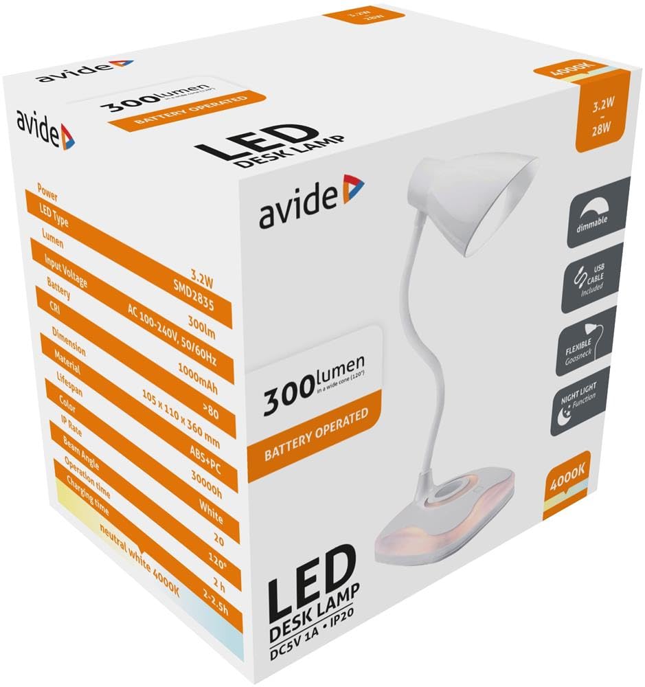 Avide Lampada da tavolo a LED, funzione notturna, USB, 3,2 W, dimmerabile