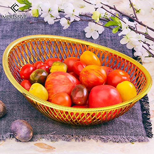 Medium Plastic Gold Bread Baskets - 5 Pack High Quality Reusable 10” Oval Food Storage Basket - Elegant Modern Décor For Kitchen, Restaurant, Centerpiece Display - By Impressive Creations #TOP5