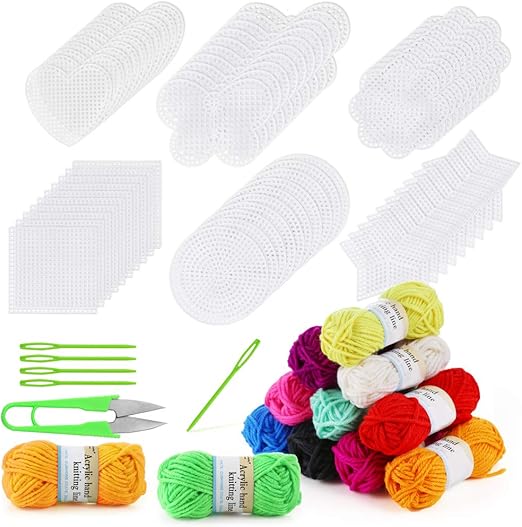 Pllieay 60-Piece Mesh Plastic Canvas Kit - 6 Shapes, 3-Inch Clear Canvas, 12 Colors Acrylic Yarn and Tools for Embroidery, Knit and Crochet Projects