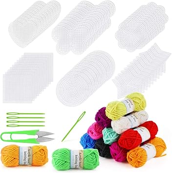 Pllieay 60-Piece Mesh Plastic Canvas Kit - 6 Shapes, 3-Inch Clear Canvas, 12 Colors Acrylic Yarn and Tools for Embroidery, Knit and Crochet Projects