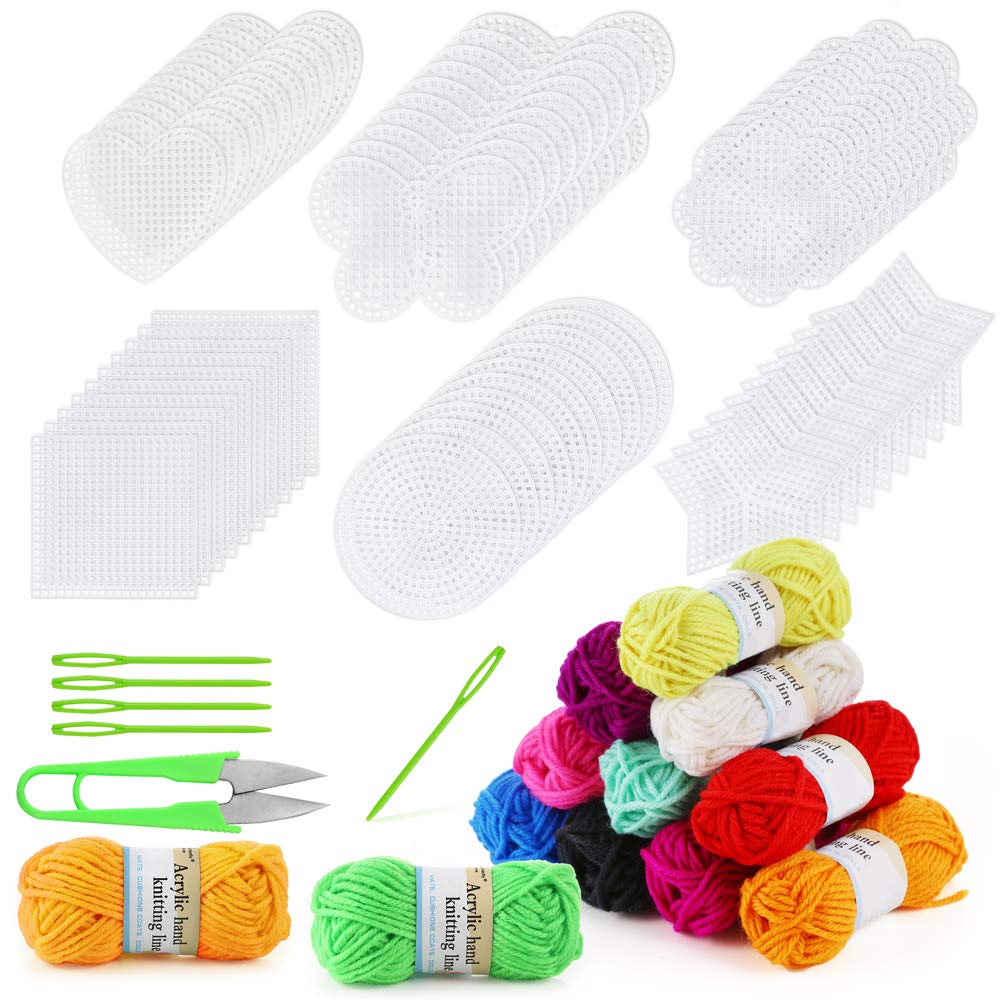 Pllieay 60-Piece Plastic Canvas Kit: 6 Shapes, 12 Colors Acrylic Yarn, Tools for Embroidery & Craft Projects (Ages 6+)
