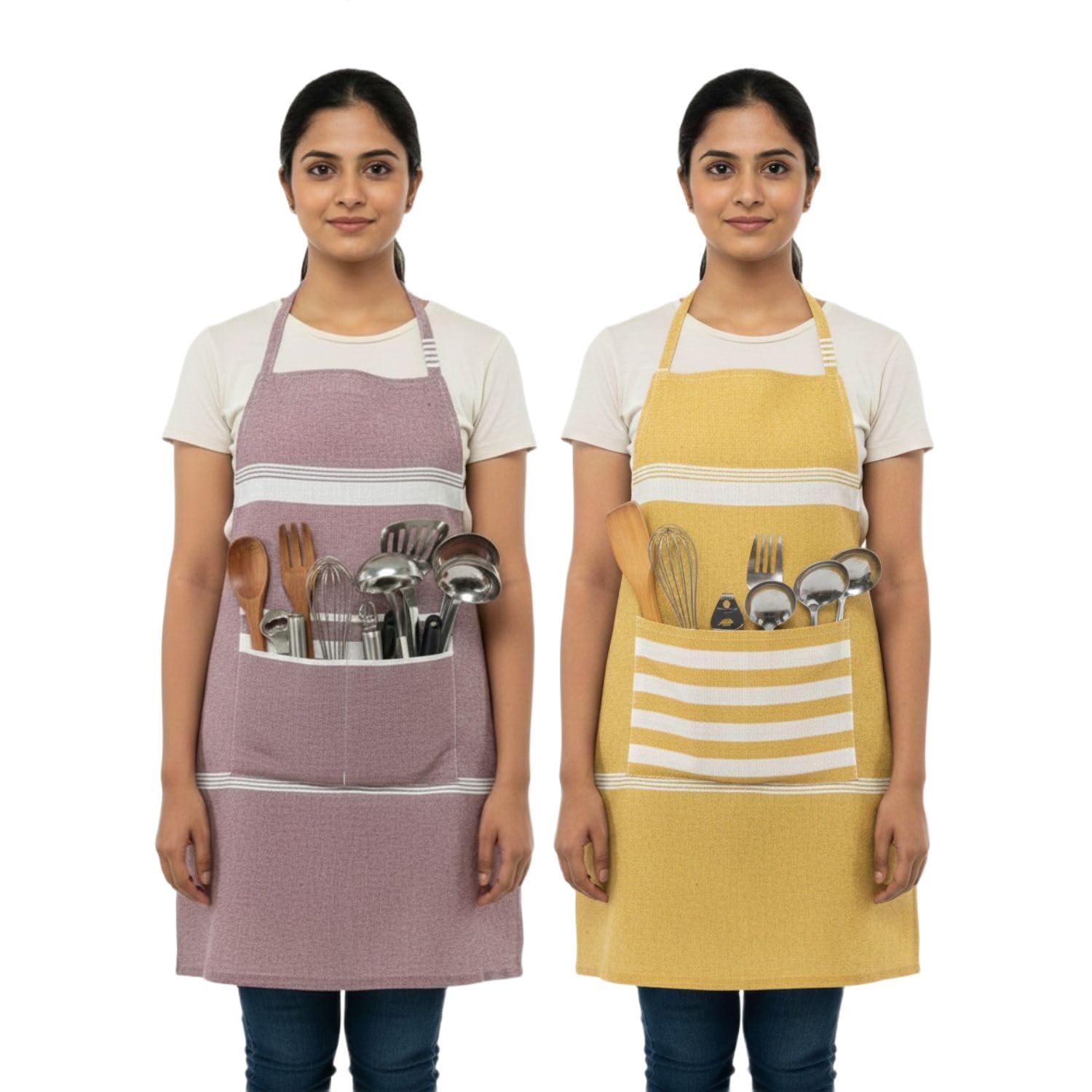 Värde 2 Pcs Unisex Cooking Aprons | Spillproof Layer | Striped Design with 2 Front Pockets & Free Size Neck Strap | Durable, Oil & Stain Resistant | Chef Apron for Cooking