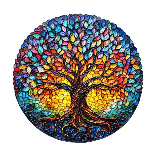 WOODBESTS Wooden Puzzles for Adults(195 Pieces-11.4*11.3in) Colored Glass Life Tree Wood Puzzles Adult-Unique Shape Wooden Jigsaw Puzzles with Wooden Storage Box-Personalized Gifts for Puzzle Lovers