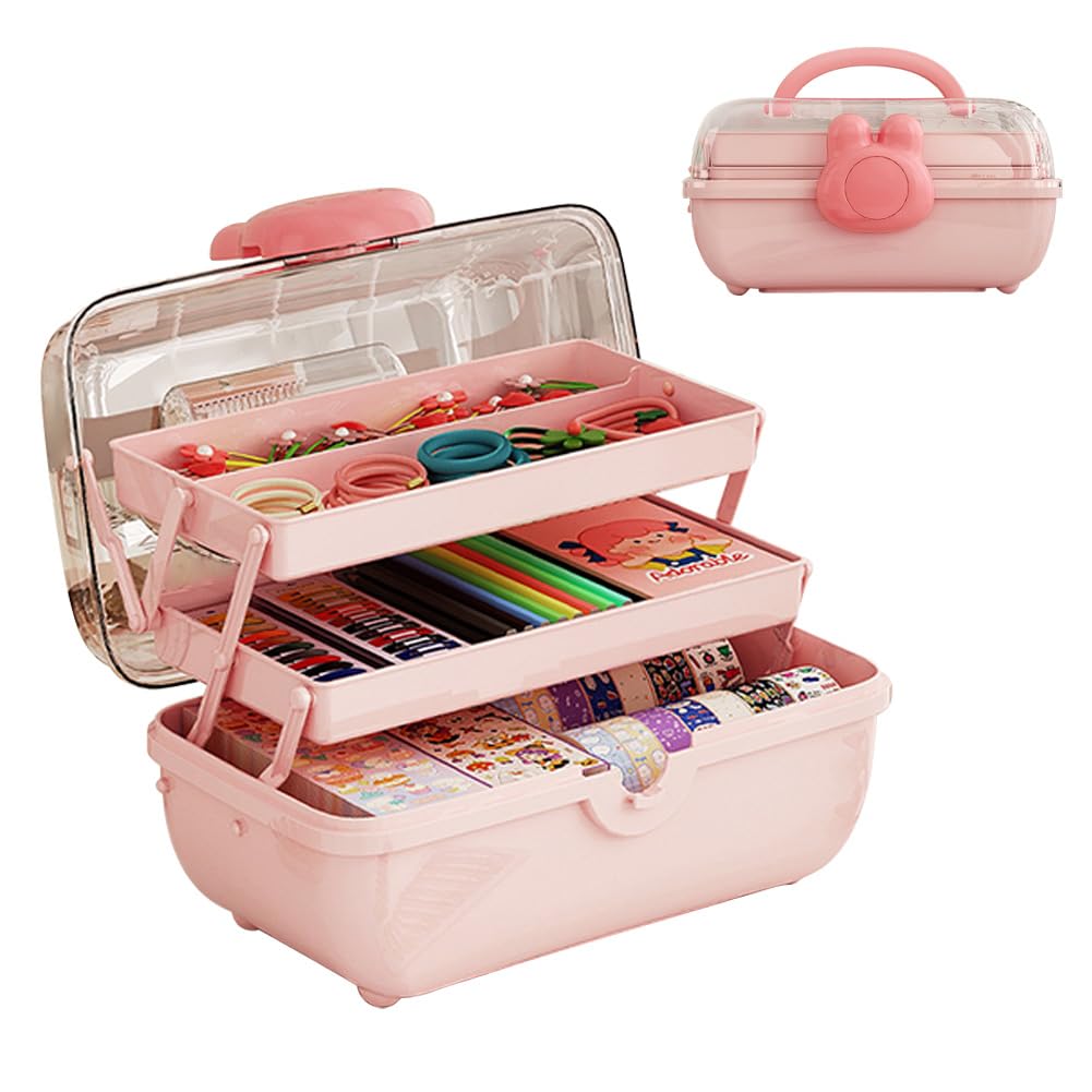 GKWW Cute Hair Accessories Organizer 3-Layers Kids Jewelry Storage Box Plastic Hair Accessories holder for Girls (Pink-Rabbit)