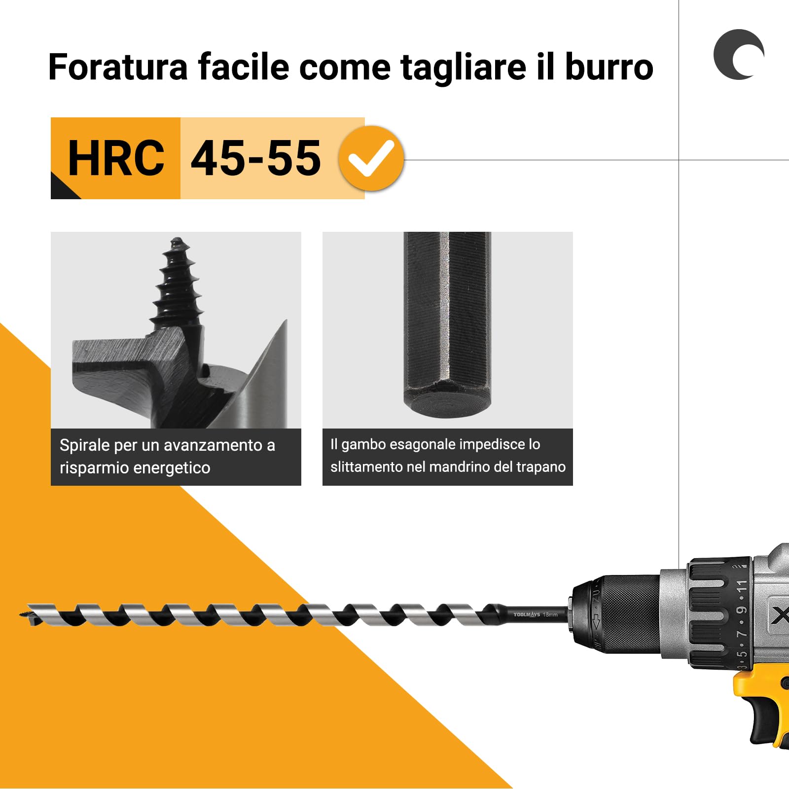 Set 6 Punte Trapano Legno Esagonale Ø 6–18 x 460 mm Lunghe | Auger Bit in Acciaio Al Carbonio con Custodia, Punta di Diametro 6/8/10/12/16/18 mm per Legno Morbido e Duro