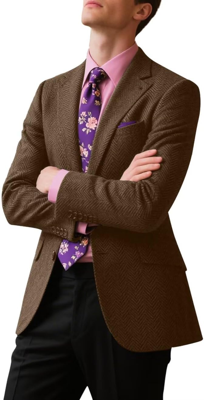 Retro Men Suit Sport Jacket Tweed Herringbone Separates Coat Slim Fit Groom Tuxedos Blazers Prom Brown Grey Jackets Blazer Sport Coats Dark Brown 3XL - Image 7