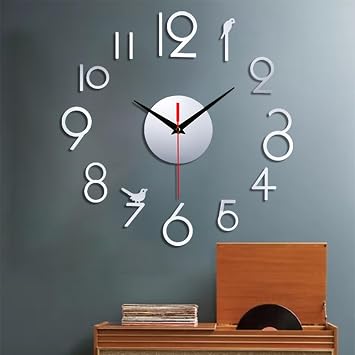 Eawfgtuw Modern DIY 3D Wall Clock, Number Stickers Home Decor, Silent Operation (Silver)