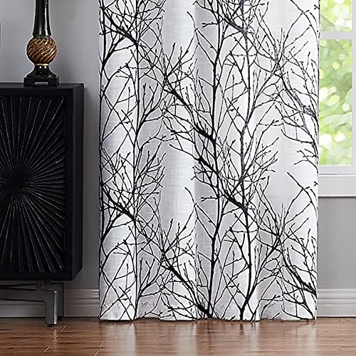 Tree Branch Semi -Sheer Curtain Set Living Room White and Black Sheer Curtains 90 inch Privacy & Light Filtering Linen Textured Eyelet Curtains Botanical Pattern Drapes for Balcony 50"wide 2pcs