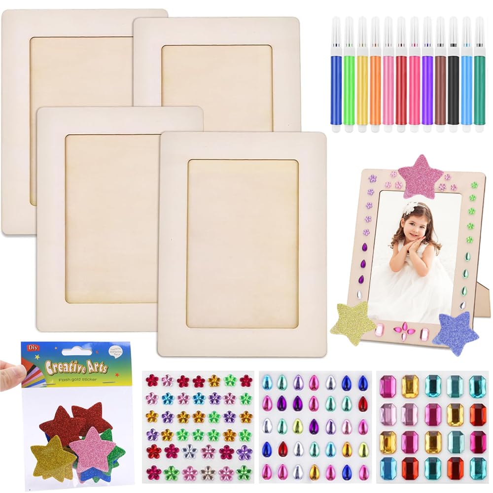 SJDOFU Picture Frame Painting Craft Kit, 4 PCS Picture Frame Craft Set, DIY Wooden Photo Frames with Glitter Stickers and Color Pens Craft Frame Set for Father Day Gift Paint and Decorate