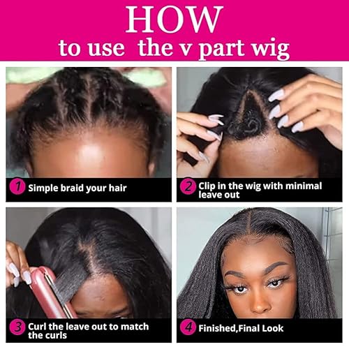 Miniatura 6 de Peluca de cabello humano lacio tipo afro con parte en V, para mujeres negras, densidad del 150%, peluca Yaki con parte en V, peluca de cabello