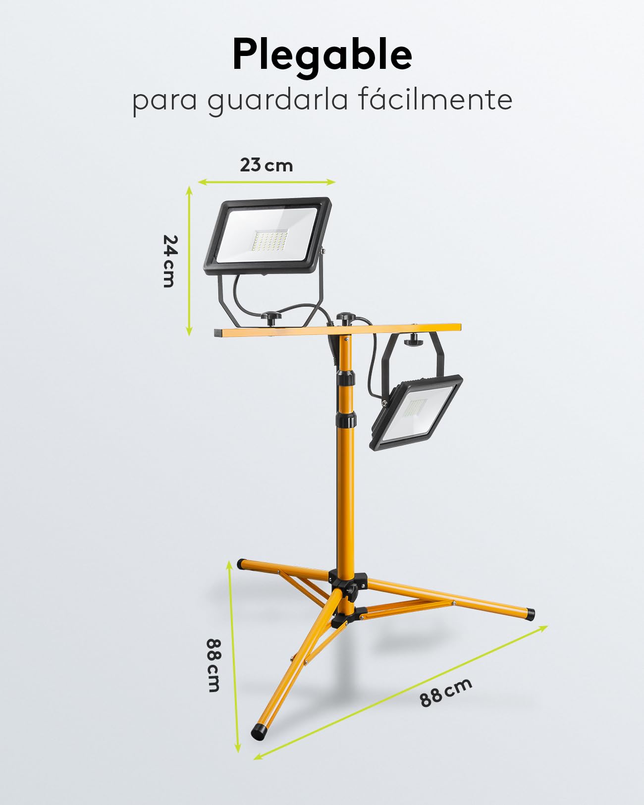 goobay Foco LED para Obras 49984-Foco construcción telescópico (Doble Cabezal, para Uso en Interiores y Exteriores, trípode de Metal, luz Blanca fría), Negro, Amarillo, 2x 50 Vatios
