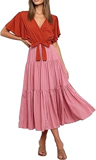 R.Vivimos Summer Dress for Women Cotton Ruffle Short Sleeves V Neck Casual Flowy Midi