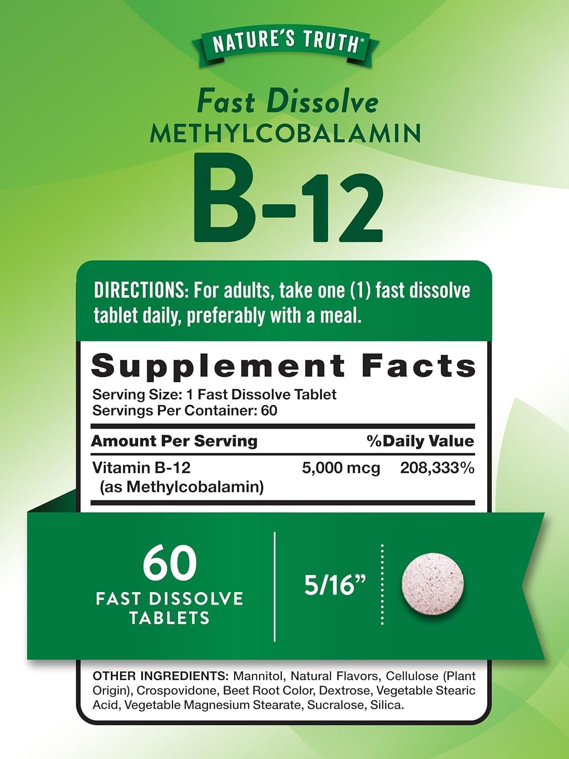 Nature's Truth Sublingual Methylcobalamin B-12 5000mcg Tabs, Berry 60 ea (Pack of 3)