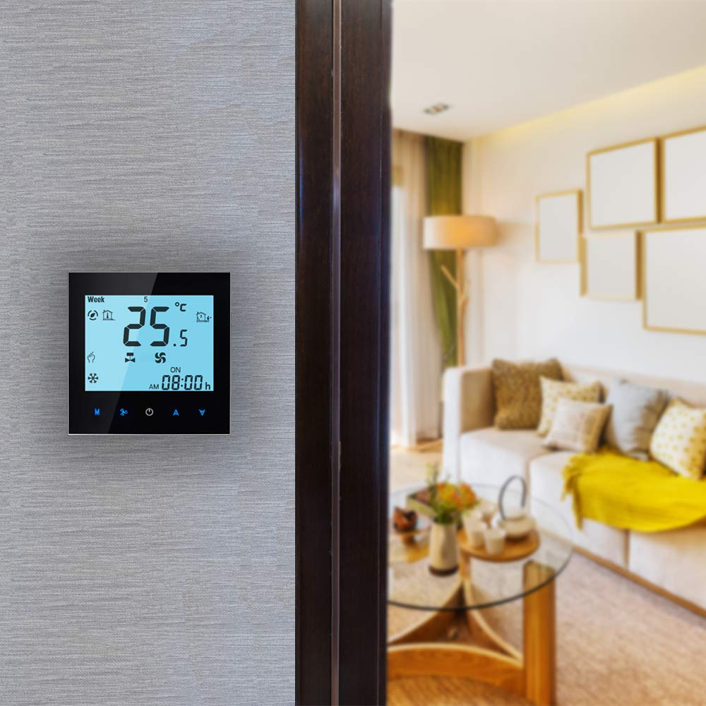 Serie 1000 Termostato wifi 4 tubi per climatizzazione Fan Coil di retroilluminazione bianca con connessione WiFi per supporto Intelligent Voice (4 tubi, Nero(WIFI))