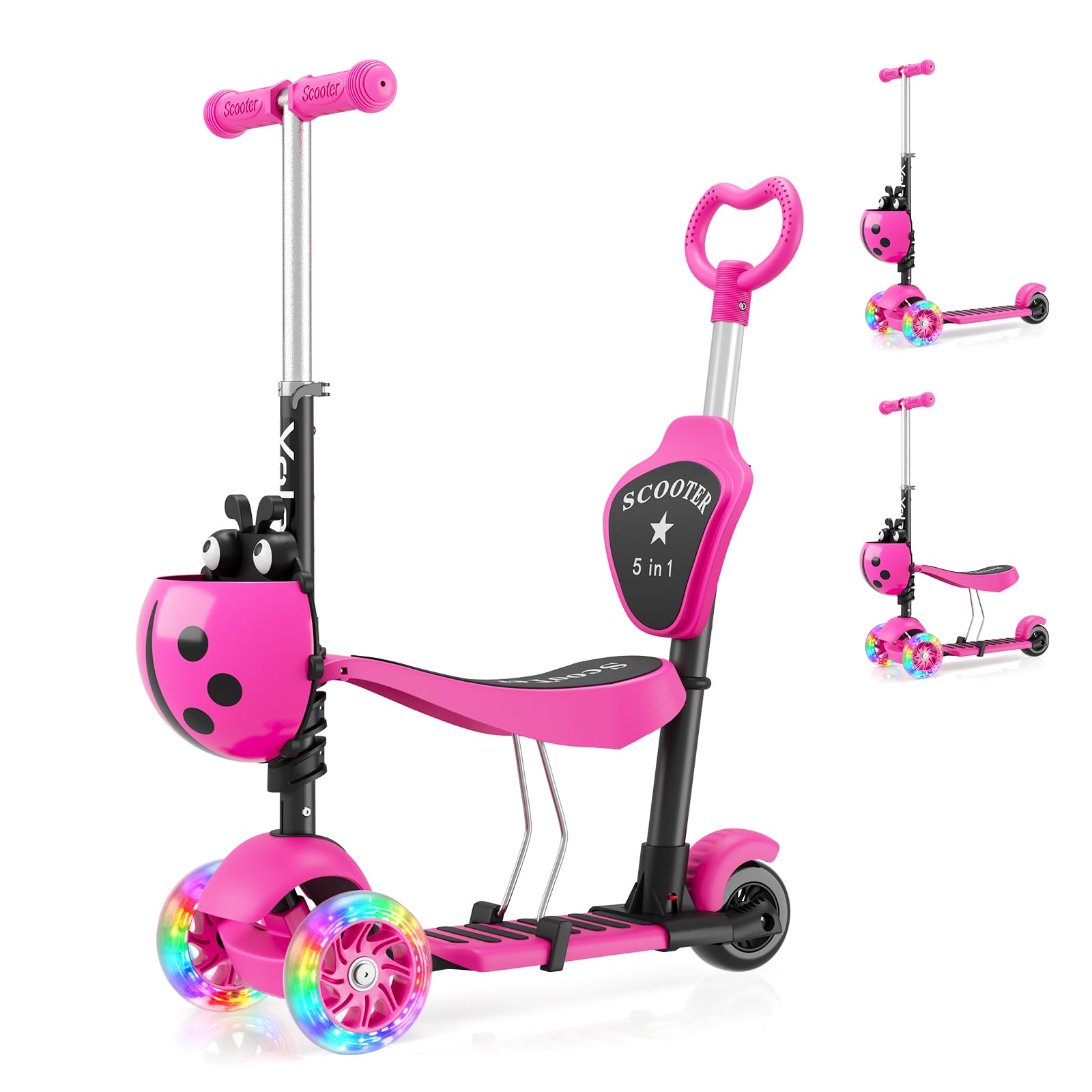 YOLEO 5-in-1 Children's Scooter with Removable Cartoon Basket, Seat, Push Bar, LED, Large Wheels, Comfortable Backrest, Height-Adjustable Handlebar for Toddlers, Boys and Girls from 2 Years, pink