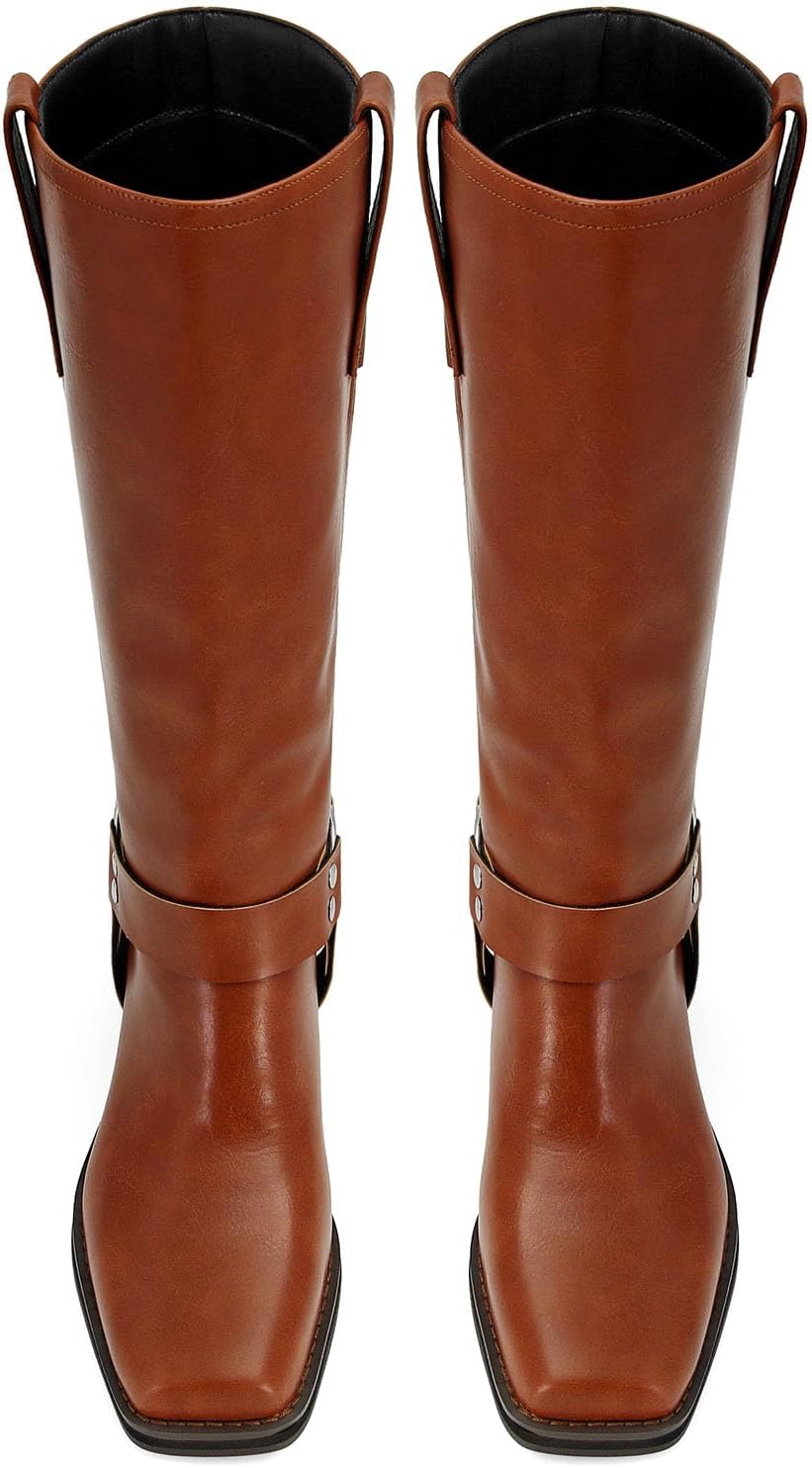 ZJGZF Women's Knee High Riding Boots Brown Leather Studds Biker Boot Square Toe Block Chunky Heel Slip on Tall Motorcycle Boots Wide Mid Calf Booties Cute Comfortable Winter Shoes - Image 5