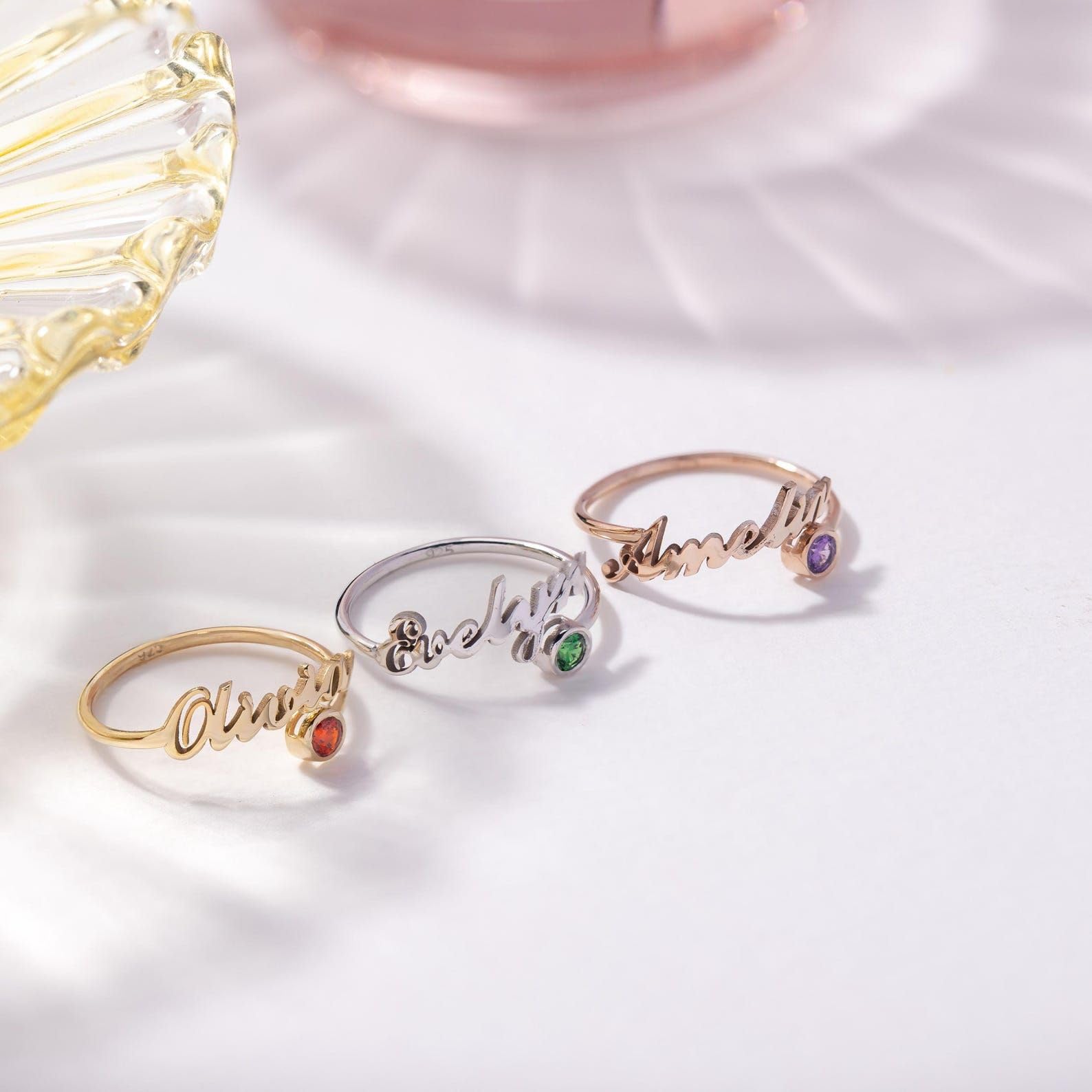 Personalisiert Geburtsstein Namensring individuell zum Stapeln Band minimalistisch Schmuck für Damen