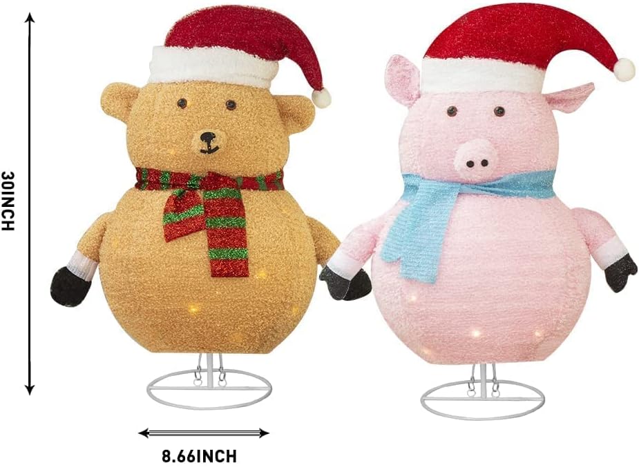 Vanthylit Easter Decorations, Set of 2 30" Fluffy Foldable/Pop Up Bear and Pig with 100LT Warm White LED Plug in Lighted Collapsible Christmas Decorations for Indoor Outdoor Use