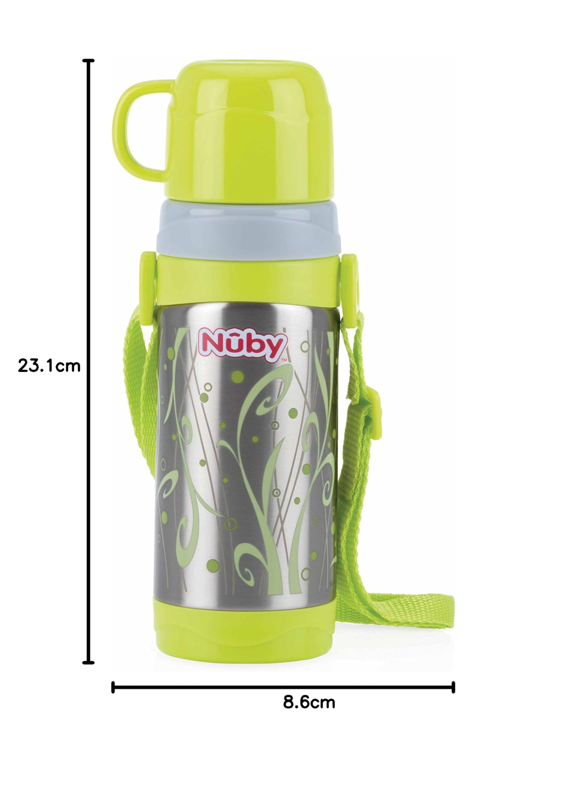 Nuby Borraccia termica per bambini con Bicchiere - con tracolla e facile da trasportare, adatta per la scuola e lo sport - Grigio