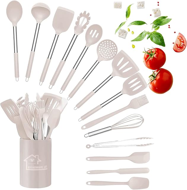 Raincol Kitchen Utensil Set, 15 Pieces Silicone Heat Resistant Non-Stick BPA Free Stainless Steel Handle Spatula Spoon Tongs Whisk Cookware (Khaki)