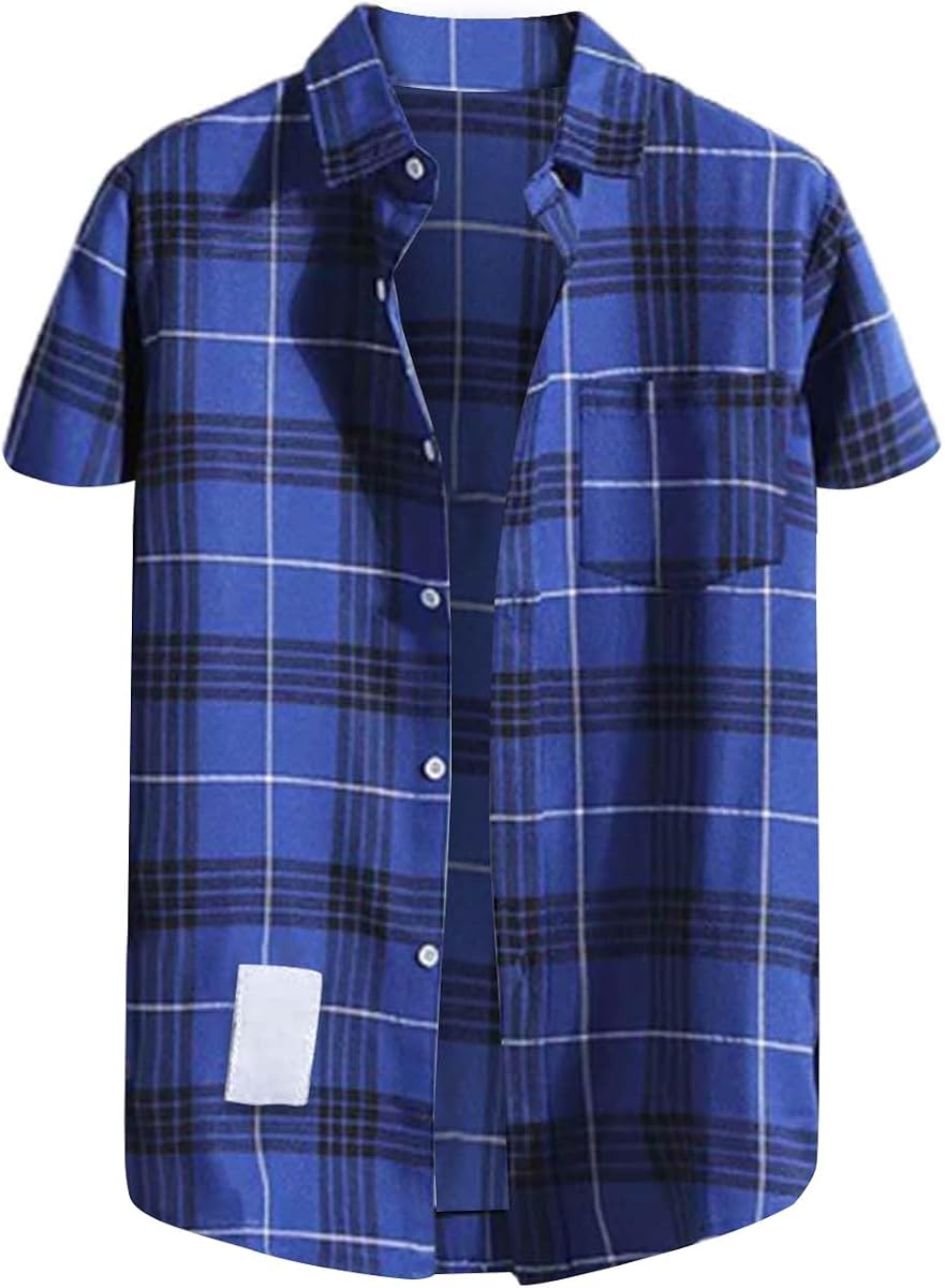Camisas con botones de manga corta para hombre Camisas con botones casuales de ajuste regular a cuadros de algodón con bolsillo