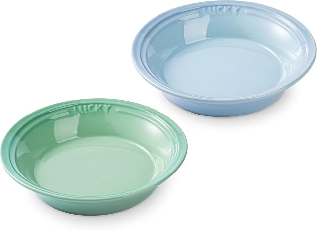 Cat Bowls for Food and Water, Ceramic Cat Bowl 6 Inches, Pet Bowl Dishes Cat Saucer for Feeding & Watering, Set of 2 (Blue, Green)