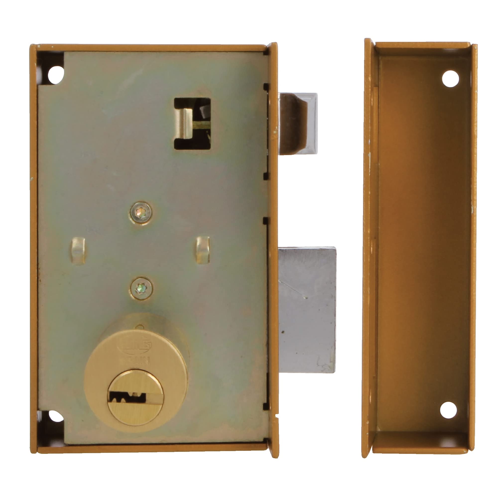 Amig - Cerradura de Sobreponer de Izquierda con Palanca de Cierre, Lengüeta y Tirador para Puertas de Madera Mod. 75, 67 x 112 mm, Cilindro Redondo de Seguridad, Acero Dorado