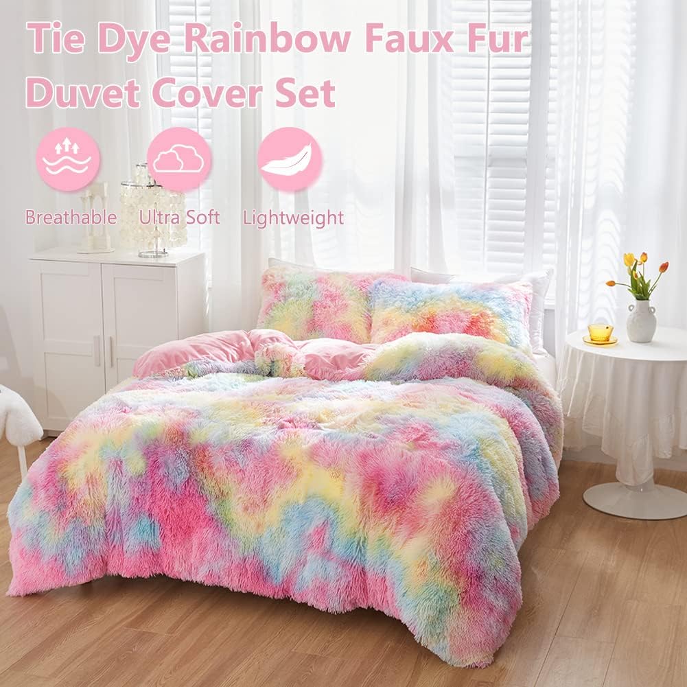 SUCSES Faux Fur Fluffy Girls Twin Bedding Set 3 Pieces Plush Shaggy Rainbow Duvet Cover Sets Colorful Tie Dye Furry Fuzzy Comforter Cover Set for Bedroom Decor (Pink Pastel, Twin Size)