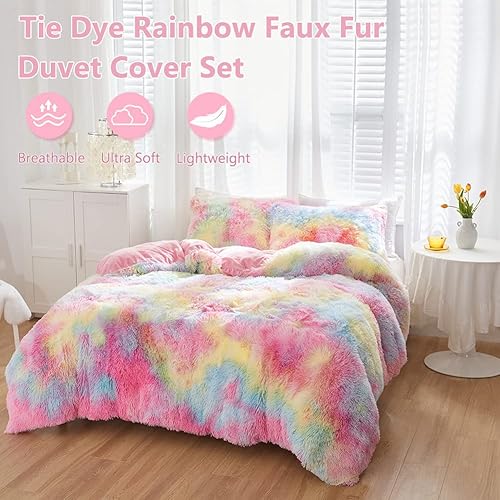 Miniatura 76 de SUCSES Faux Fur Duvet Cover Set Twin Size, Tie Dye Rainbow Plush Shaggy Girls Bedding Set, Soft Velvet Fluffy Fuzzy Ombre Comforter Cover Set