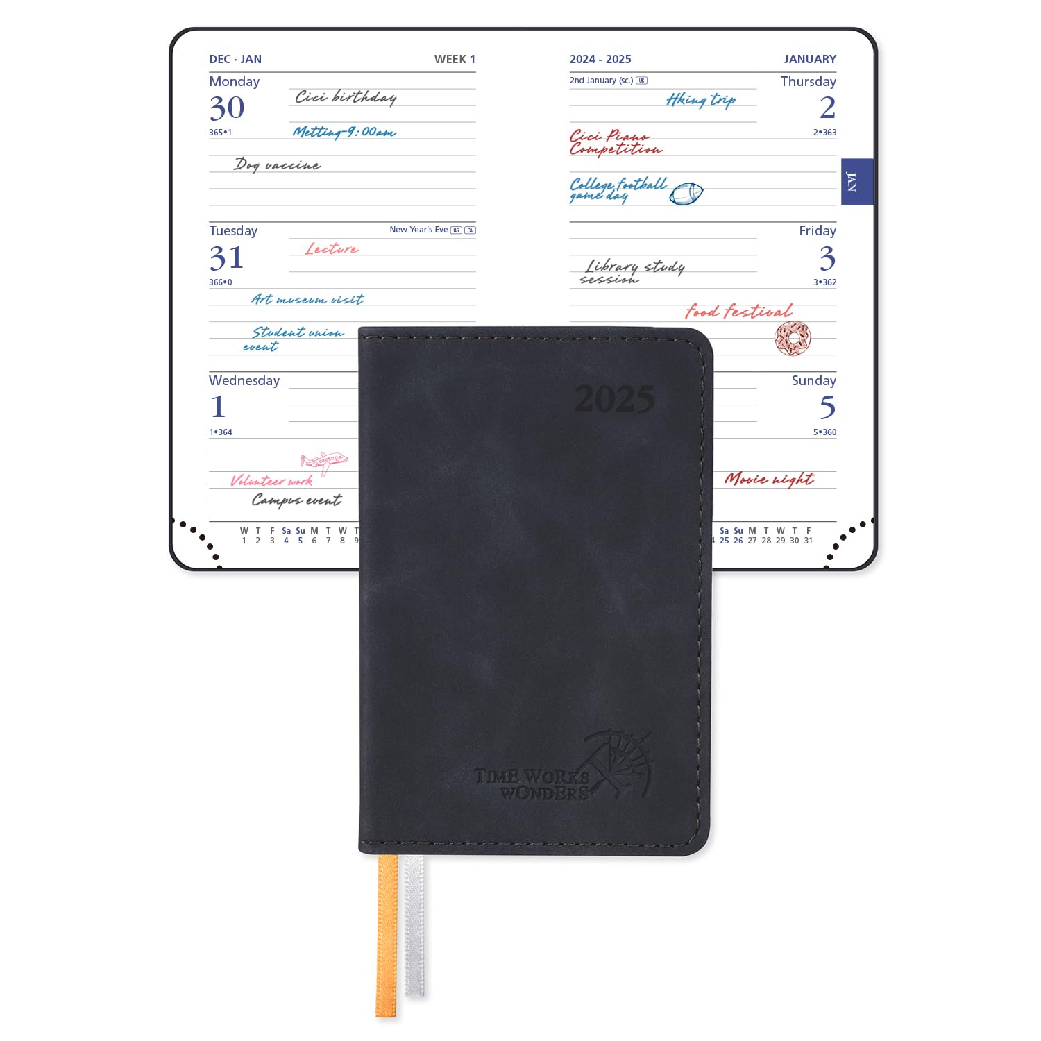 POPRUN Mini Pocket Diary 2025 A7 Week to View 12 x 8 cm, Palm-Sized Slimline Calendar 25 Weekly Planner with 70 GSM Paper, PU Leather Soft Cover(Black)