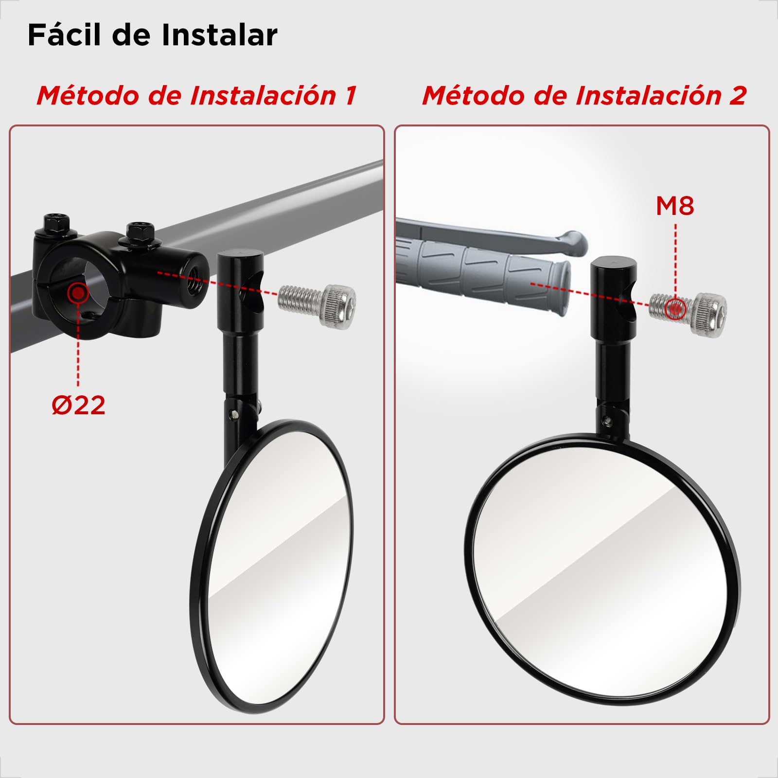 Evermotor Espejo de Moto, Homologación E24, Espejos de Manillar de Moto Ajustable 360°, Aluminio, Redondo para Scooters, ATVs, Ciclomotores, 2 piezas