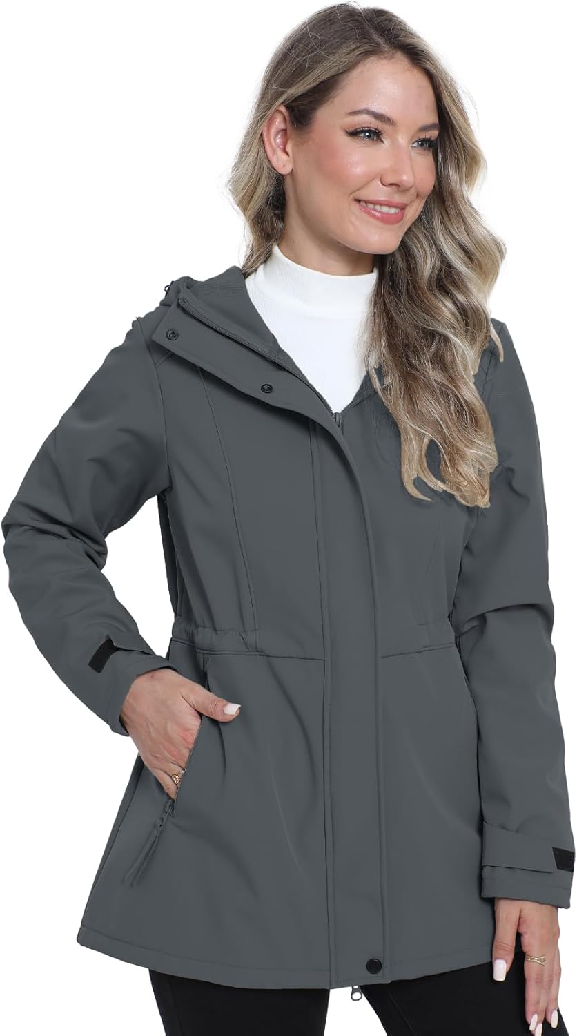 Women's Softshell Jacket Lightweight Waterproof Windbreaker Hooded Fleece Lined Insulated Coat for Outdoor Travel - Image 2