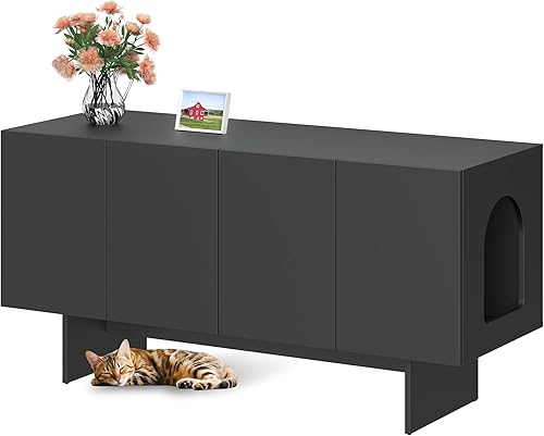 Caja de arena para 2 gatos, caja de arena para gatos con habitación doble, muebles de madera con puerta para gatos, color negro