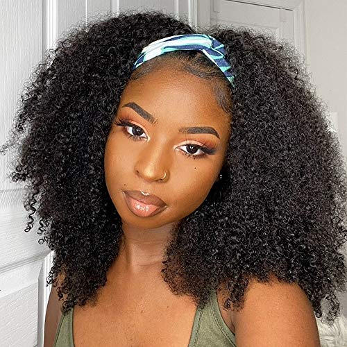 Headband Wig Curly Human Hair for Black Women Afro Kinky Curly Half Wigs for Black Women 18 Inch Non Lace front Wigs With Real Hair for Women Natural Color