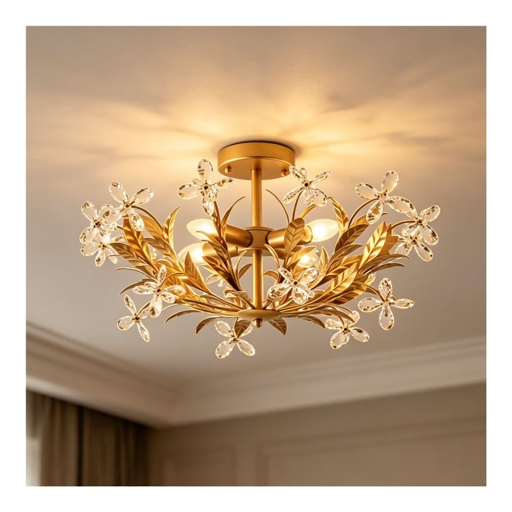 LUOYAOB 4-Light Gold Semi Flush Mount Ceiling Light, Modern Crystal Ceiling Fixture for Bedroom Kitchen Living Room Dining Room Hallway Lighting