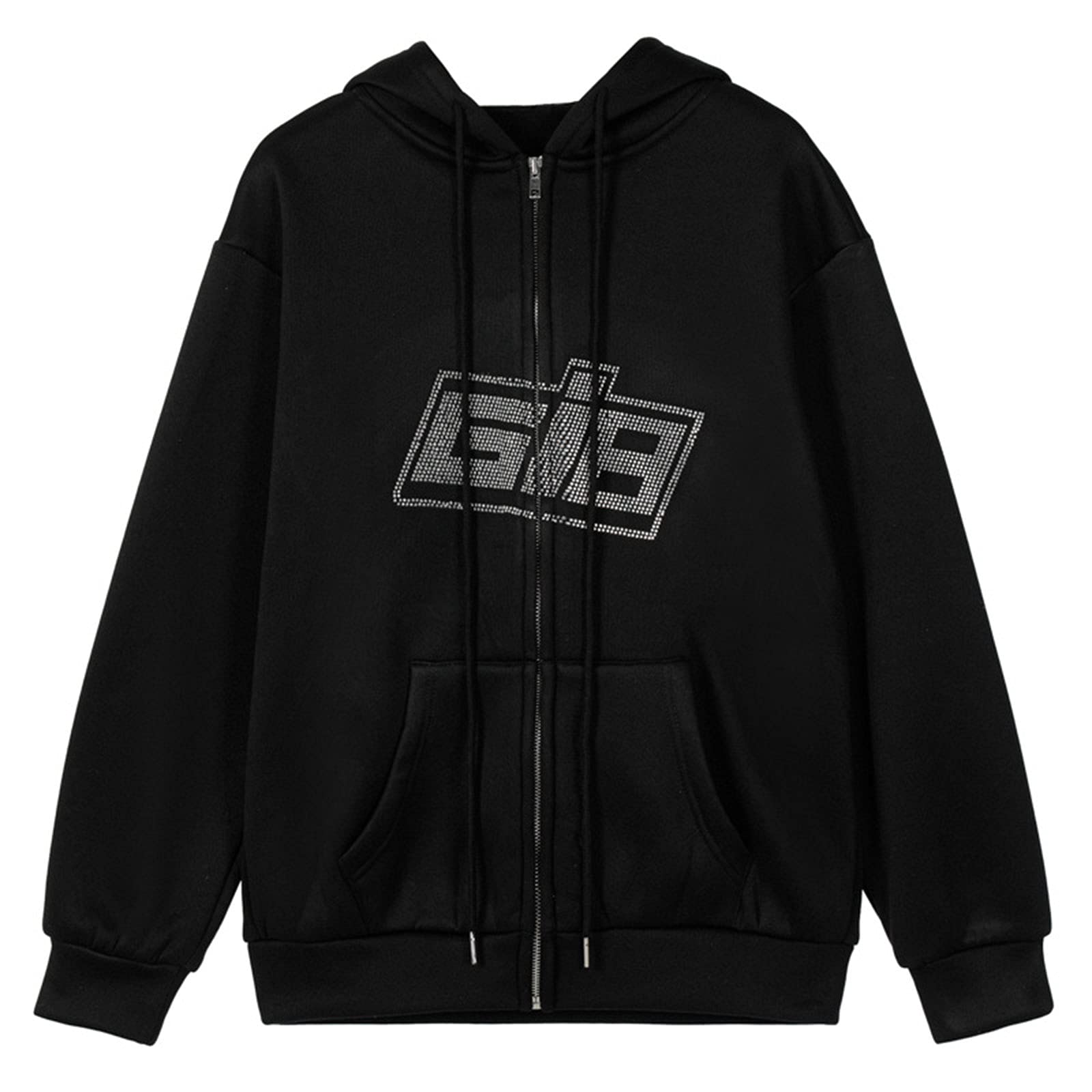 Y2K Estetico Felpa Con Cappuccio Zip Up Pullover Felpe Strass Oversize Sciolto Manica Lunga Con Cappuccio Top Con Tasca Nero L