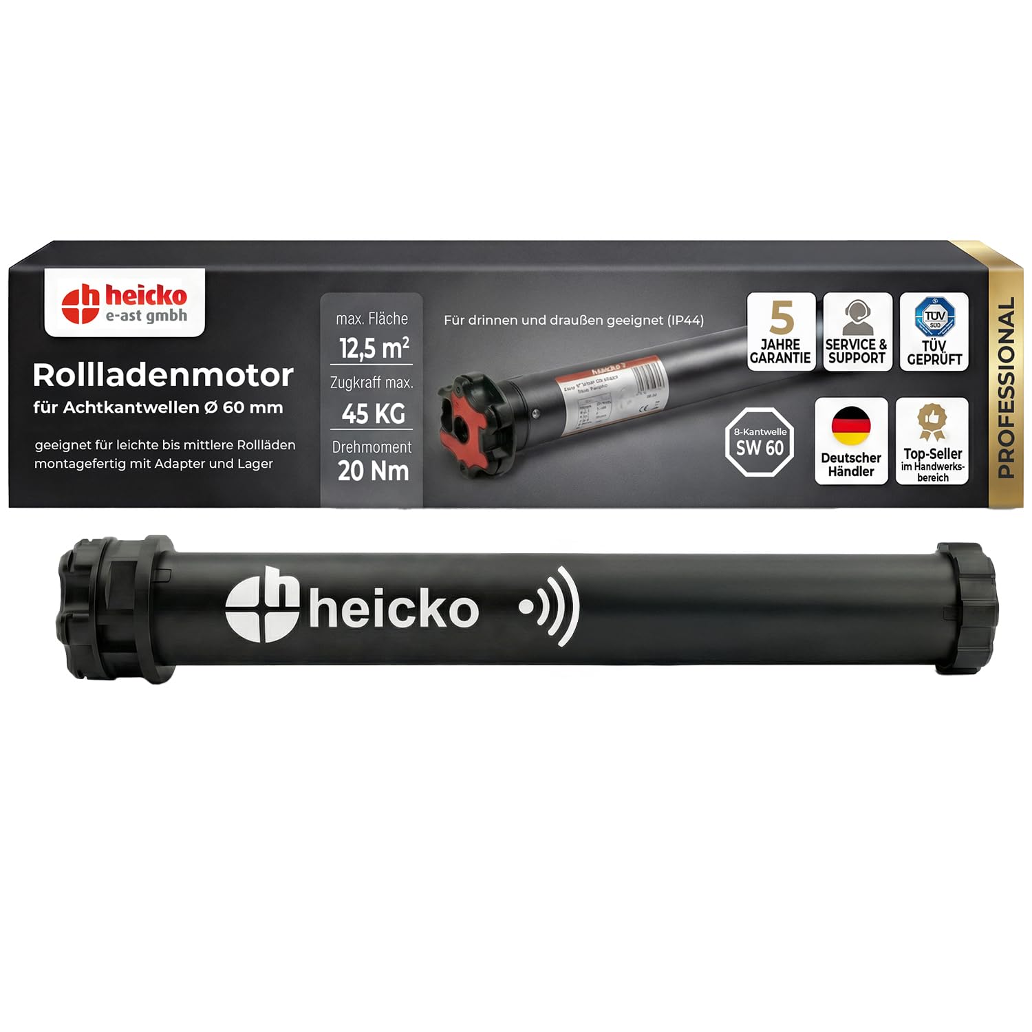 heicko Rollladenmotor | 20 Nm für SW60 Achtkantwelle | 45kg Zugkraft | Mit Funk | Mechanische Endschalter | Leiser Rohrmotor | Wartungsfrei | IP44 Schutz für Innen und Außen